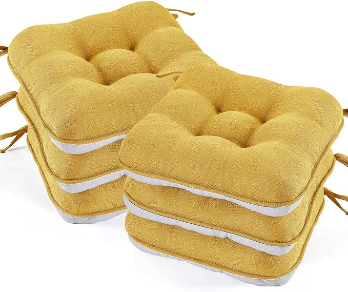 BETU Chair Cushions for Dining Chairs Set of 6,3.5" Thick Kitchen Table Chair Pads with Ties,Non Slip Backing and Covers, Seat Cushion for Dining Room,Bar,Patio Chairs,16"X16"X3.5",Yellow