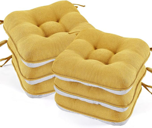 BETU Chair Cushions for Dining Chairs Set of 6,3.5" Thick Kitchen Table Chair Pads with Ties,Non Slip Backing and Covers, Seat Cushion for Dining Room,Bar,Patio Chairs,16"X16"X3.5",Yellow