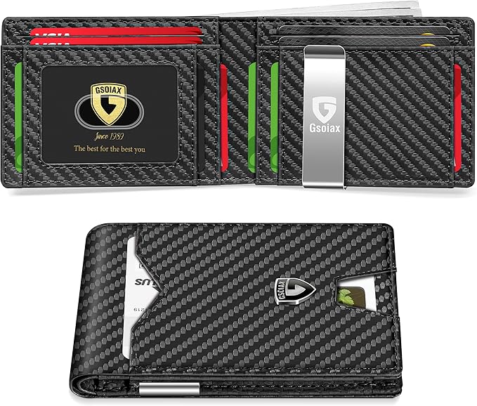 GSOIAX Slim Wallet for Men Rfid Blocking Leather Bifold Front Pocket Carbon Fiber Credit Card Holder Novelty Wallets With Gift Box (Carbon-money clip)