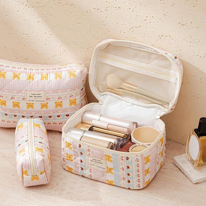HBselect Quilted Makeup Bag, 3PCS Cotton Large Travel Makeup Bag, Cute Floral Coquette Make up Bag Cosmetic Bag Toiletry Bag for Women Girls