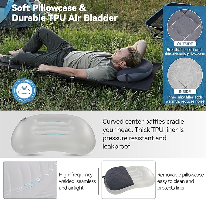 MARCHWAY Ultralight Inflatable Camping Pillow with Soft Washable Cover, Compact Compressible Portable Travel Air Pillow for Outdoor Camp, Sport, Hiking, Backpacking Sleep (Grey)
