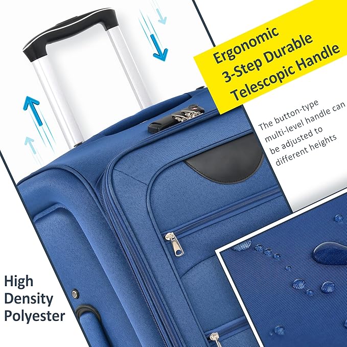 3 Piece Softshell Expandable Luggage Sets, Lightweight Travel Suitcase Set with TSA Lock and 360°Swivel Spinner Wheels, Durable Softside Luggage for Men Women, 22 in/26 in/30 in, Blue