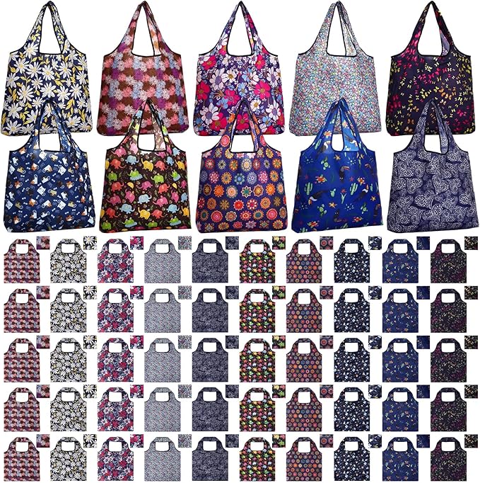 Paterr 50 Pack Reusable Foldable Grocery Bags 10 Patterns Bulk Shopping Totes Pocket Size Bags for Supermarket
