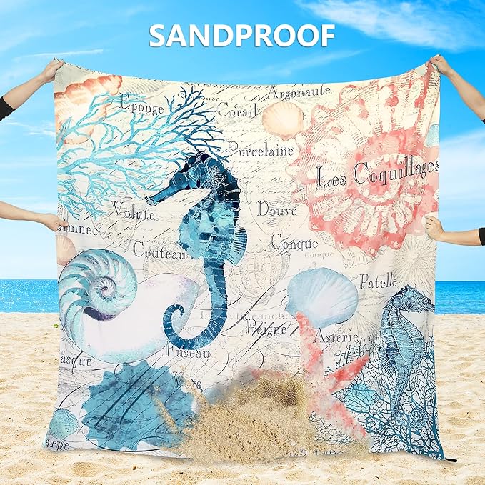 Beach Blanket Waterproof Sandproof Beach Mat for 1-8 Adults Quick Drying Durable Outdoor Picnic Mat for Beach Festival Travel Camping Hiking (Vintage-Seahorses, 79"×83"(4 Person))