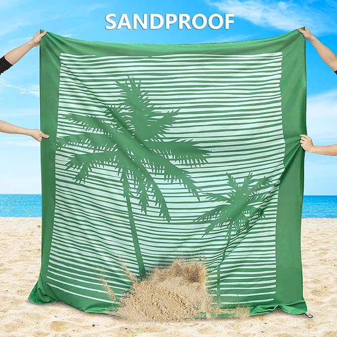 Beach Blanket Sandproof Extra Large Beach Mat Adults Waterproof Quick Drying Sand Free Mat with 4 Stakes & 4 Corner Pockets for Outdoor Travel Camping Hiking Green 79" X 83"