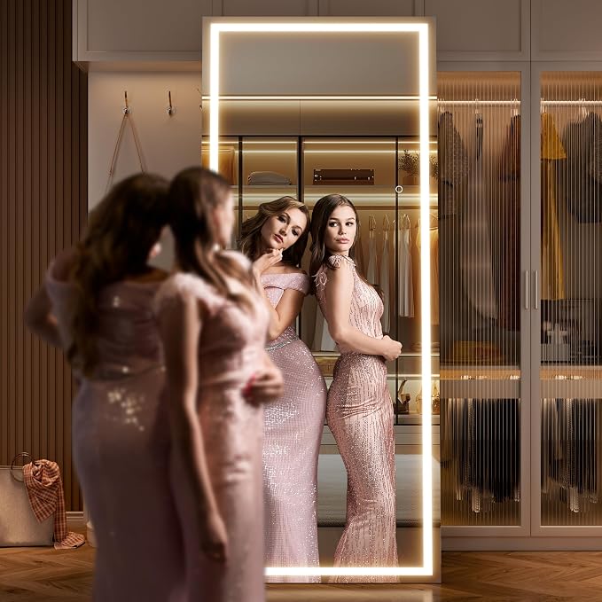 83" x 36" Full Length Mirror with Lights, Large LED Lighted Floor Standing Body Mirror, Dimmable & 3 Color Lighting for Bedroom, Cloakroom, Dressing Room, Tempered Glass, Black Frame