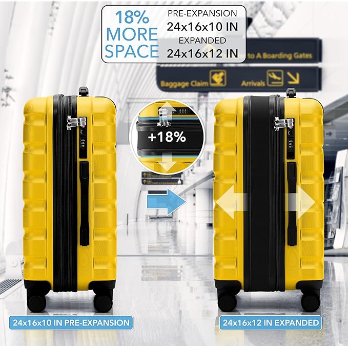 Flight Knight 24x16x10 Expandable Carry On Suitcase Hardside TSA Lock USB C Lightweight Luggage Silent Double Spinner Wheels Maximum Overhead Carry-On Bag For Virgin South West Approved Yellow