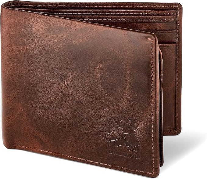 BULL GUARD Mens RFID Blocking Bifold Wallet Soft Genuine Leather Brown Western | Secure and Durable Extra Capacity Billfold with 11 Credit Cards, Flip Up ID