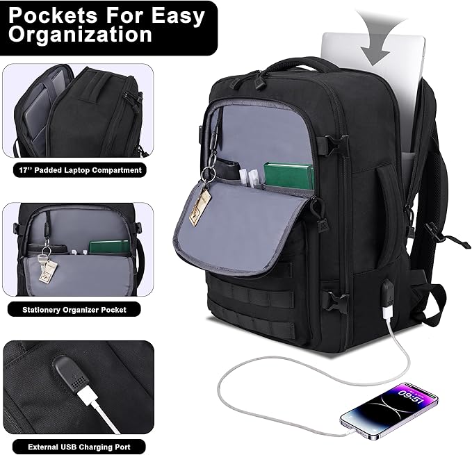 MOZETO TSA Approved Carry On Backpack, Extra Large Tactical Travel Backpack for Men, Airplane Approved Weekender Bag, Water Resistant Lightweight Laptop Daypack for Flight, Black