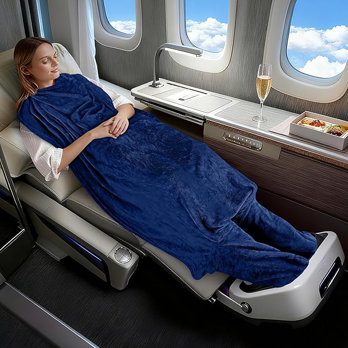 Tirrinia Travel Portable Blanket with Feet Pocket Airplane Office Poncho 4 in 1 Zippered Front Pocket Premium Cozy Fleece Blankets with Built-in Bag