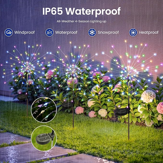2Pack Solar Lights Outdoor, Multicolor Firework Lights | 120LED Fireworks Lights Solar Powered, Waterproof Fairy Garden Lights Decor Outside for Yard Pathway Lawn Patio