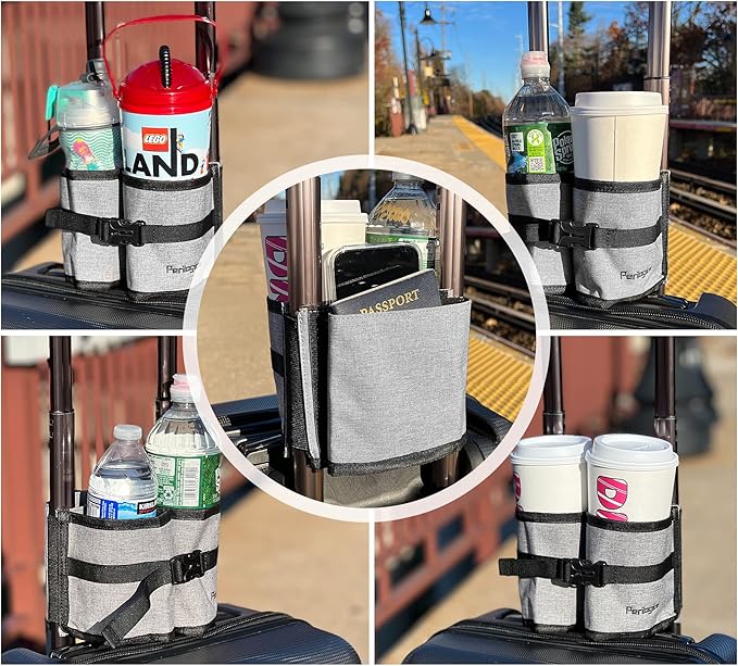 Perilogics Luggage Travel Cup Holder Hands Free Drink Caddy for Suitcase Handle. Perfect Airplane Travel Essential Accessory Gift for Frequent Traveler, Flight Attendant or with Children (Dark Gray)