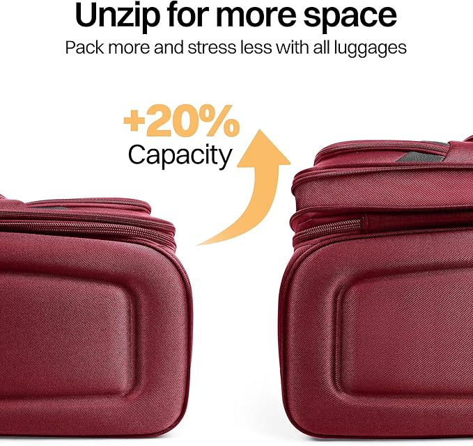 24'' Softside Expandable 15% Rolling Luggage with Double Spinner Wheels & w/LOCK,Lightweight Travel Luggage for Men Women（Burgundy-Grey,24in）