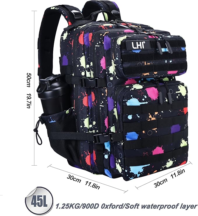 LHI Military Tactical Backpack for Men and Women 45L Army 3 Days Assault Pack Bag Large Rucksack with Molle System - Fluorescent Tie Dye