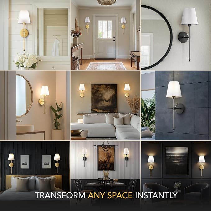 Set of 2 Wireless Wall Sconces - Stick-On or Screw Mount for Easy Installation with Rechargeable LED Bulbs, Remote Controlled, Adjustable Brightness & Warmth, Living Room Wall Decor (Black)