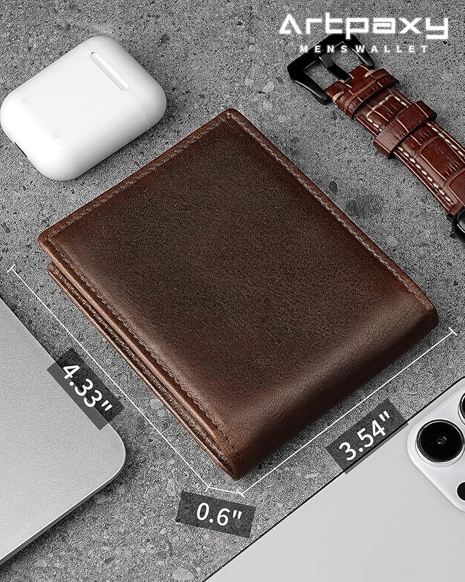 Artpaxy Mens Wallet Genuine Leather Bifold RFID Blocking Wallet for Men with 1 ID Window 13 Card Holders 2 cash pockets 1 Gift Box