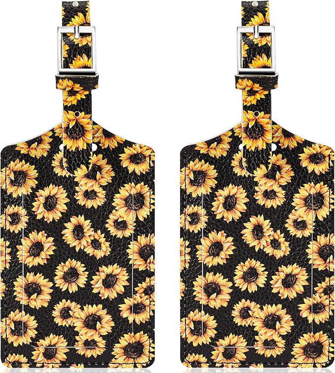 Travelambo Luggage Tags for Suitcases Faux Leather Privacy Protection 2 Pack Bag Tags Travel Accessories Essential, Sunflower