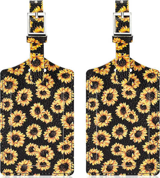 Travelambo Luggage Tags for Suitcases Faux Leather Privacy Protection 2 Pack Bag Tags Travel Accessories Essential, Sunflower