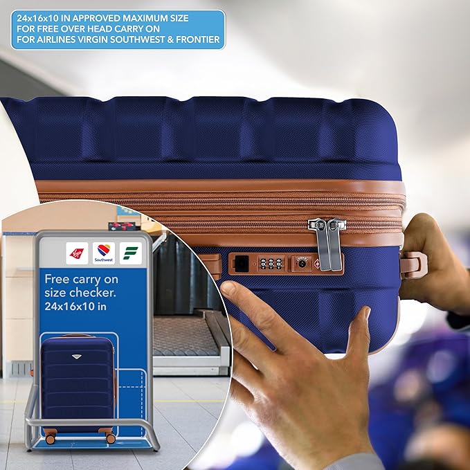Flight Knight 24x16x10 Expandable Carry On Suitcase Hardside TSA Lock USB C Lightweight Luggage Silent Double Spinner Wheels Maximum Overhead Carry-On Bag For Virgin South West Approved Navy/Tan