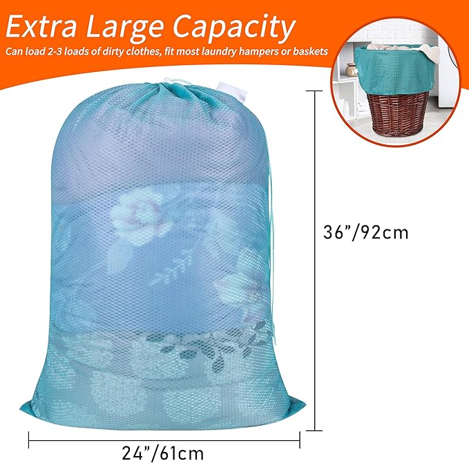 Polecasa Heavy Duty Diamond Large Mesh Laundry Bag with ID Tag and Locking Drawstring Closure - 24 x 36 inches - Laundry Hamper Liner, Washable Laundry Bags for Travel, Sports, Dorms (Aqua)