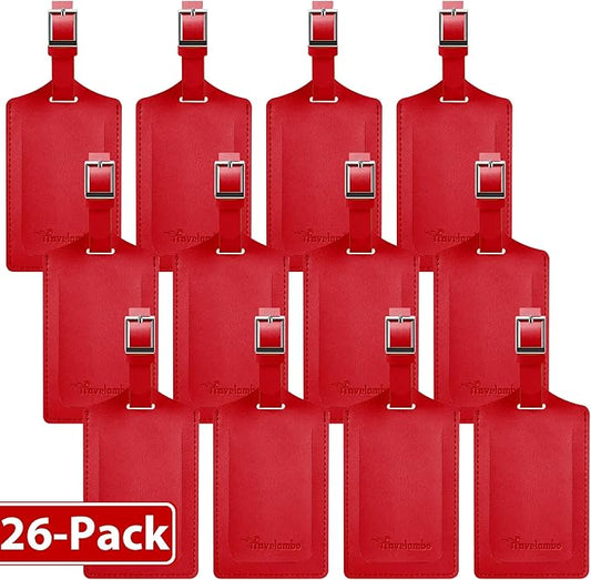 Travelambo 26 Pack Luggage Tags for Suitcases Privacy Protection Bag Tags Faux Leather Travel Accessories Essential, Deep Red