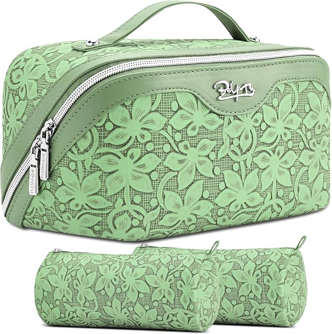BOYATU Travel Makeup Bag Cosmetic Bags for Women: Large Capacity 3 Pcs Set Make up Bag with Compartments - Waterproof Vegan Leather Toiletry Organizer Bags with Handle (Z-65Light Green)
