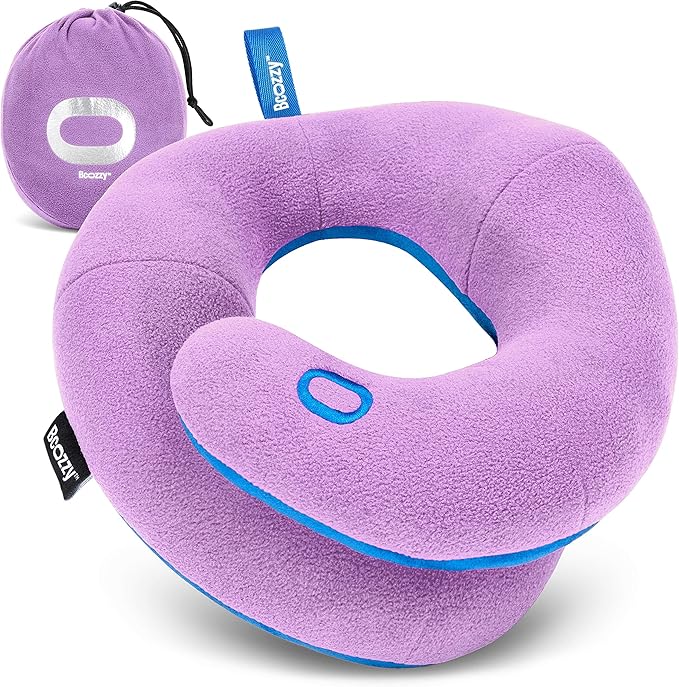 BCOZZY Kids Chin Supporting Travel Pillow for Ages 8–12- Patented Soft Neck Pillow for Head and Chin Support in Car Seat and Airplane. Comfortable Travel Essential. Medium Size, Bag, Light Purple