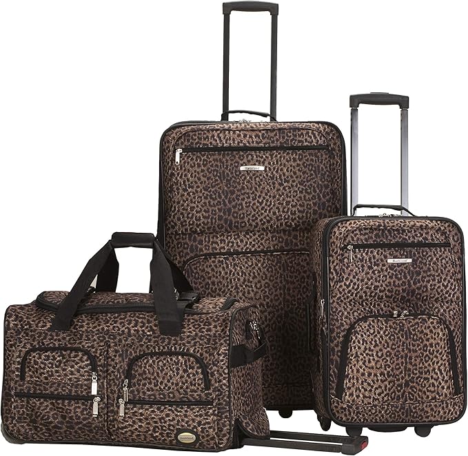 Rockland Vara Softside 3-Piece Upright Luggage Set, Expandable,Lightweight,Telescopic Handle,Wheel, Leopard, (20/22/28)