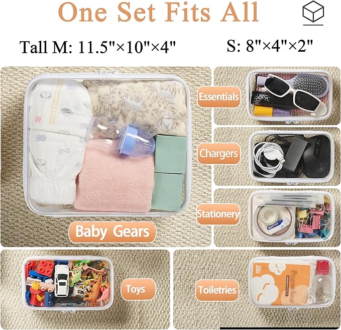 6 pcs Zipper Pouches, Hard Shell Toiletry Bag, Stackable Travel Organizer, Cosmetic Bags, Transparent Diaper Bag, Storage Cases (Tall M + 5S)