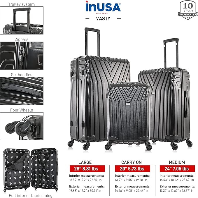 InUSA VASTY Luggage with Spinner Wheels | Durable Lightweight Hardshell Suitcase,Travel Sets with Handle and Trolley | (20in, 24in, 28in) 3 Piece Luggage Set | Black