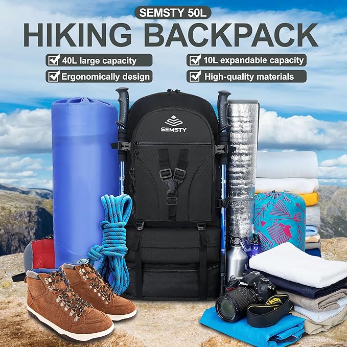 40L/50L Expandable Hiking Backpack for Men and Women, Travel Camping Backpack Flight Approved