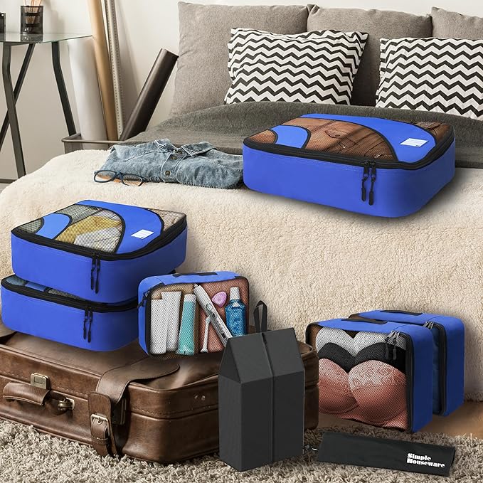 Simple Houseware 8-Set Packing Cubes for Travel, Luggage Organizer with Laundry Bag, Shoe Bag & Clear Pocket Label, Blue