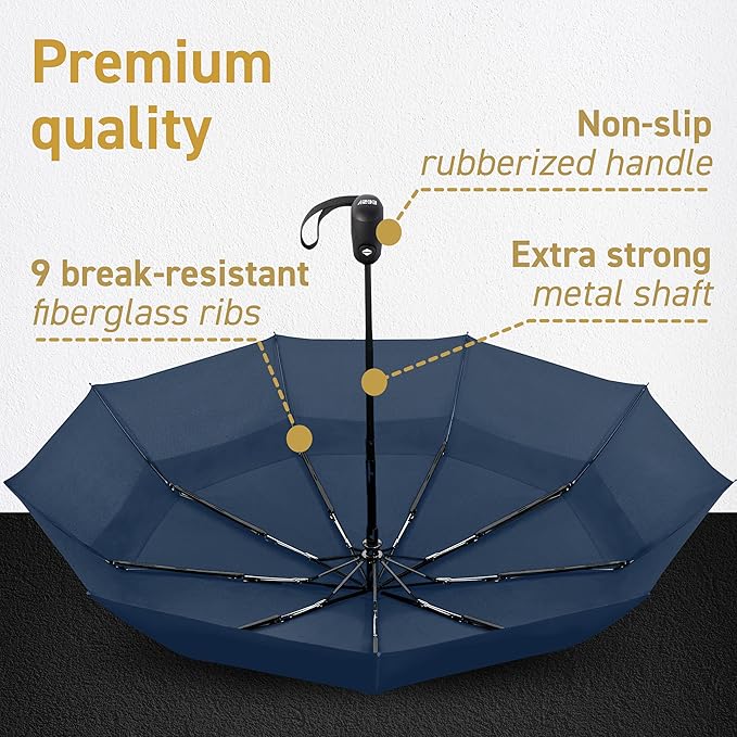 Windproof Compact Umbrella for Rain - 42” Travel Umbrella, Portable, Strong, Collapsible to 11”, Automatic Open Close Button, Vented Double Canopy with Fiberglass/Steel Frame, Wind Resistance to 55MPH