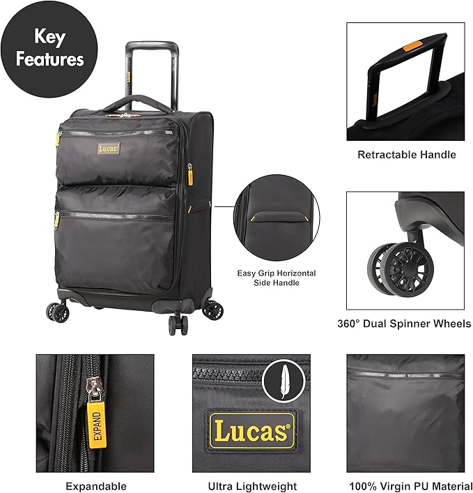 Lucas Ultra Lightweight Carry On - Softside 22.8-inch Expandable Luggage - Small Rolling Bag Fits Most Airline Compartments - Durable 8-Spinner Wheels Suitcase (Black)