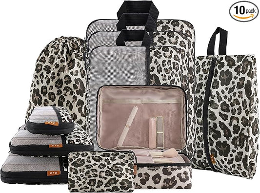 U+U 10 Set Compression Packing Cubes - Ultralight Leopard Travel Organizers with Laundry Bag, Space-Saving Suitcase Organizer, Expandable Packing Cubes for Travel and Family Vacation (Leopard)