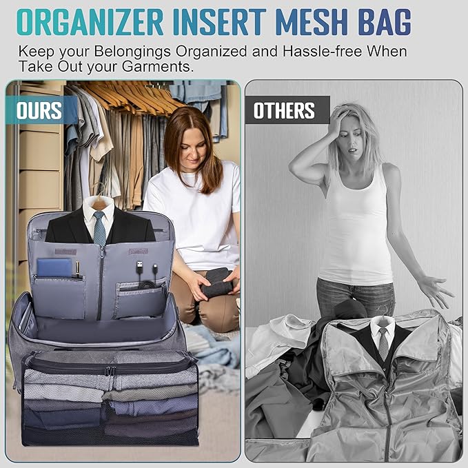 HILOMON Convertible Duffle Bags for Travel Carry On Suit Duffle Bags with Shoulder Strap 2 in 1 Hanging Garment Duffle Bag for Men Women (Gray Mesh Storage)