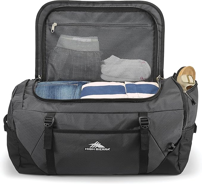 High Sierra Fairlead Travel Overnight Duffel Backpack Gym Bag with Padded Handles, Compression Straps, and Multiple Pockets, Mercury/Black