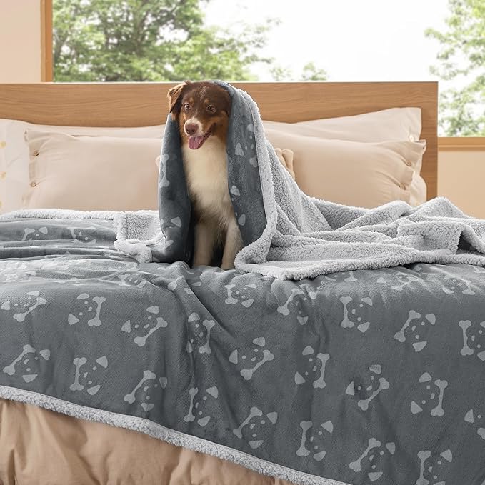 Bedsure Waterproof Blanket for Bed - Soft Print Sherpa Fleece Pet Cat Dog Blankets for Large Dogs Couch Protection, Soft Plush Reversible Furniture Protector, Twin Size, 60"x80", Anchor Gray