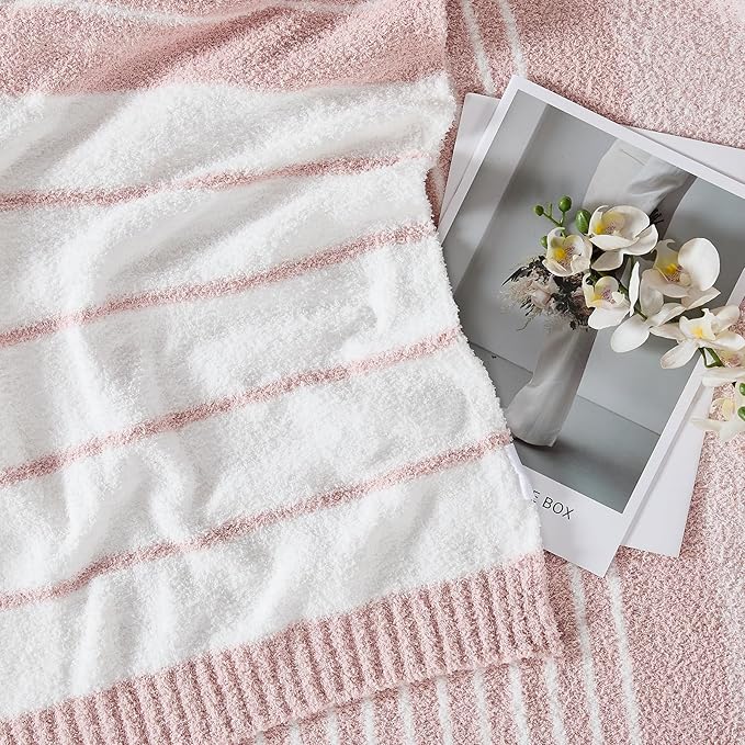 Throw Blanket, Pink White Soft Cozy Fluffy Striped Throw Blankets for Couch, Sofa, Bed, Chair, Warm Fuzzy Plush Lightweight Decorative Stripe Blanket, 50x60 inches