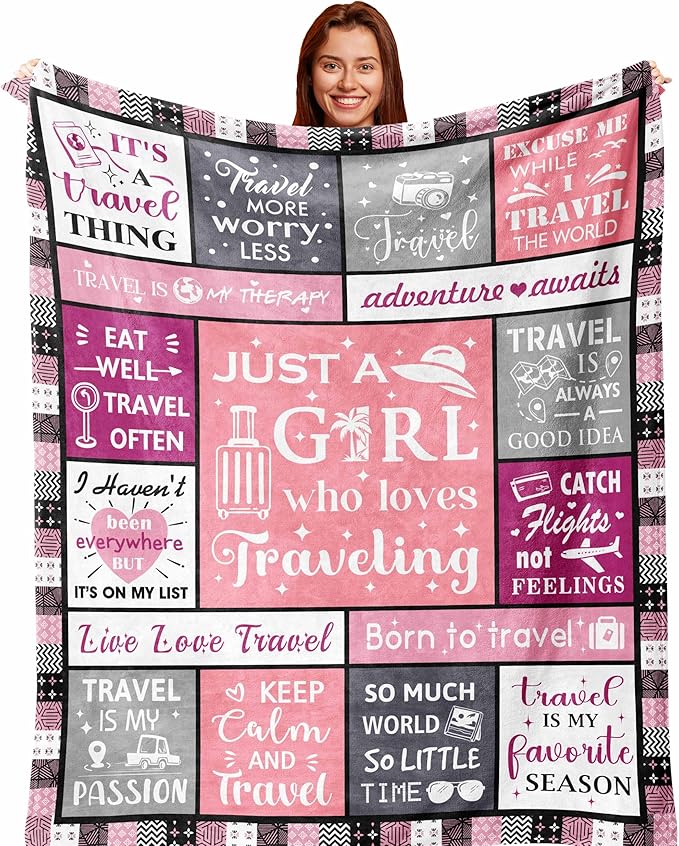 Unique Travel Gifts for Women/Girls, Cute Travel Accessories/Essentials for Vacation, Best World Traveler Favor, Presents for People Who Love Traveling Blanket 60x50inches