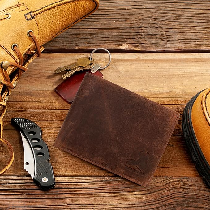 BULL GUARD Vintage Crazy Horse Leather Wallet for Men RFID Blocking Bifold Secure & Durable Extra Capacity with 11 Credit Cards Slots, Flip Up ID, Tight Stitching, Quick Thumb Push Access, Gift Boxed