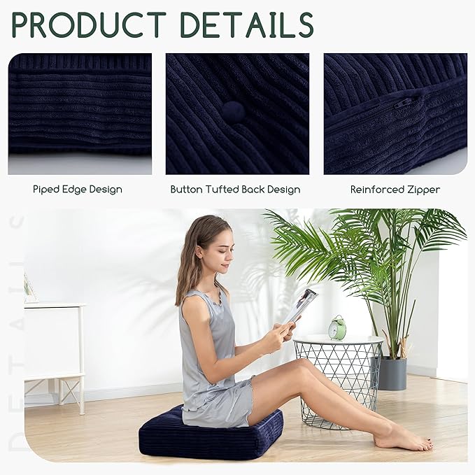 HIGOGOGO Tufted Corduroy Recliner Seat Cushion for Elderly, High Density Foam Large Square Seat Cushion for Recliner Chair, Floor Pillow, Office Chair, Car, No Pressure on Thighs, 20x20x4, Navy