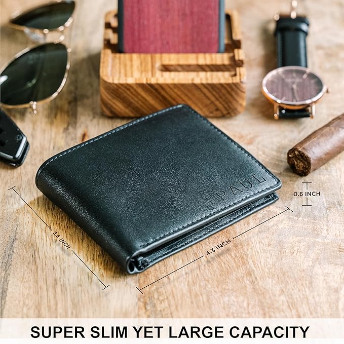 STAY FINE Personalized Wallet for Men, Custom Engraved Leather RFID Blocking Bifold, 2 ID Windows, 8 Card Slots, Gift for Him, Black
