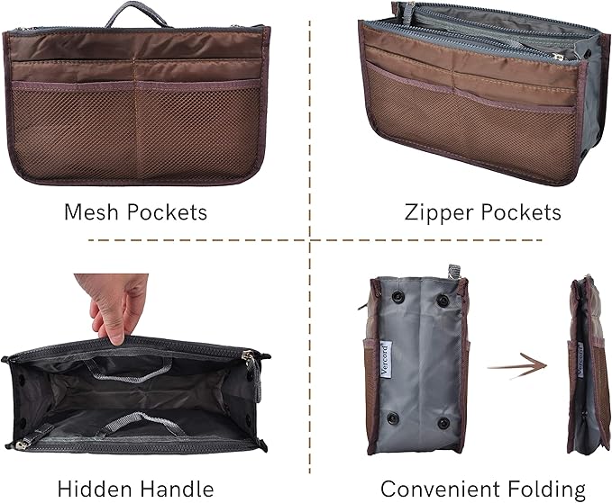 Vercord Purse Organizer Insert for Handbags Bag Organizers Inside Tote Pocketbook Women Nurse Nylon 13 Pockets Coffee Medium