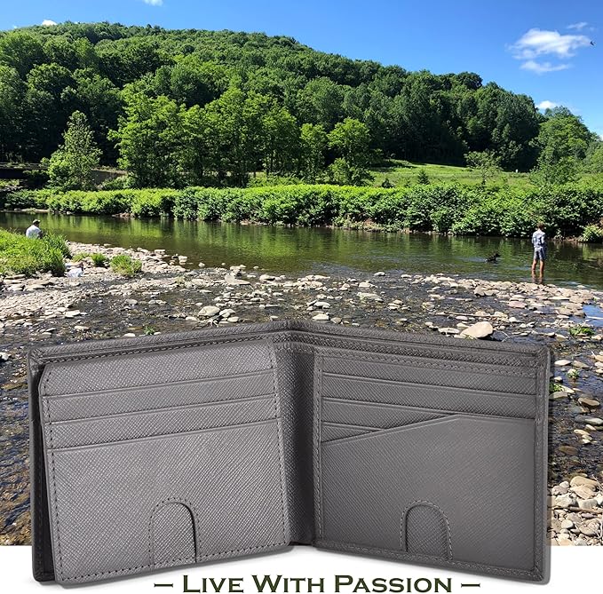 BULLGUARD Mens RFID Blocking Wallet Bifold with Flip Up ID in Saffiano Grey Genuine Leather