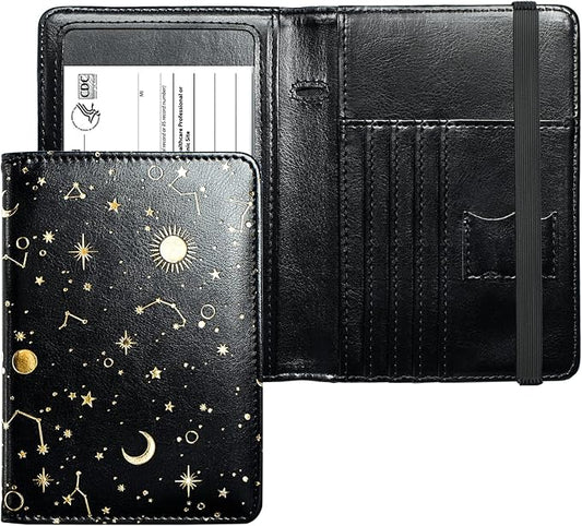 Mymazn Passport Holder with Clear Pocket Passport Case Passport Cover Women Passport Case with RFID Blocking and Vaccine Card Holder Travel Wallet (Black/Gold, Minimalist)