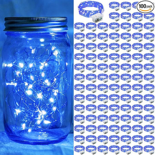 100 Pack Blue Fairy Lights 7Ft 20 LED Twinkle String Lights 3 Modes Battery Operated Waterproof Firefly Starry for Mason Jar Wedding Party 4th of July Christmas Day Table Centerpieces