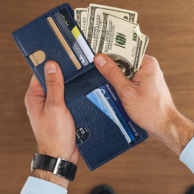 RFID Bifold Leather Wallet For Men with Flip Up ID Secure and Durable Extra Capacity Billfold with 11 Credit Cards in Vintage Buffalo Blue, Tight Stitching & Quick Thumb Push Access, Gift Boxed