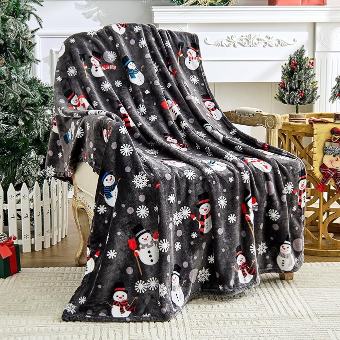 Grey Christmas Throw Blanket - Soft Warm Cozy Fleece Winter Throw, Holiday Blanket with Snowman & Snowflake Design, 60x80 Inches,Grey