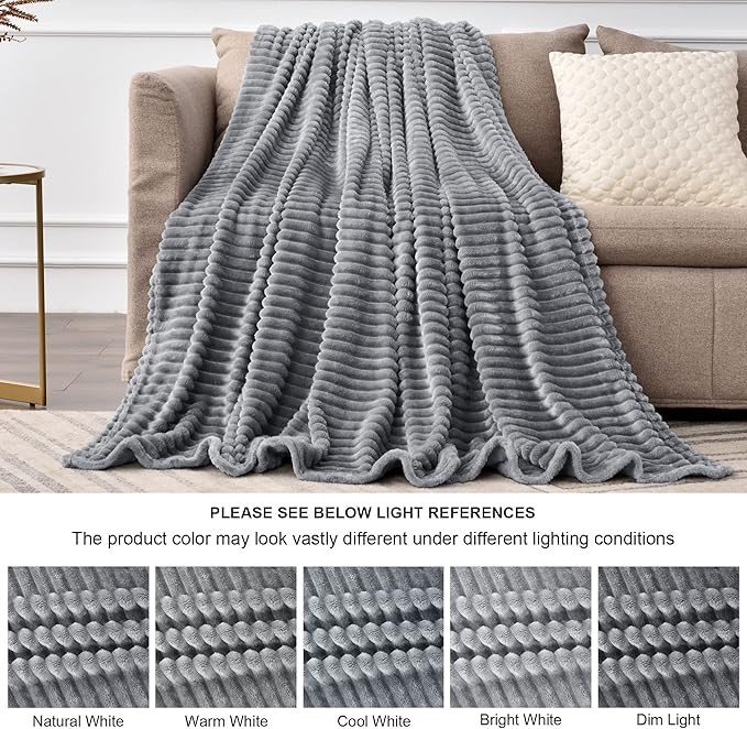 BEDELITE Fleece Throw Blanket for Couch – 3D Ribbed Jacquard Soft and Warm Decorative Fuzzy Blanket – Cozy, Fluffy, Plush Lightweight Gray Throw Blankets for Bed, Sofa, 50x70 inches